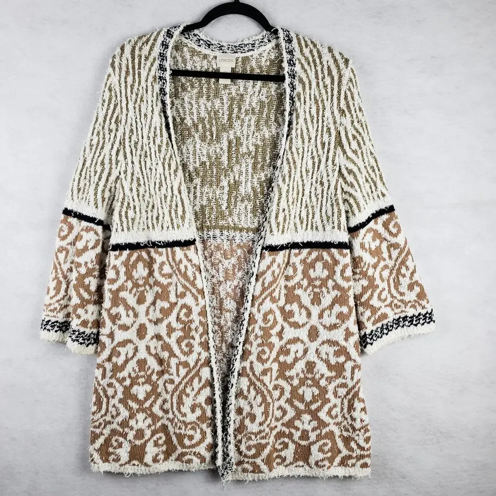 Chicos‎ Women's L Audrey Open Front Mixed Pattern Cardigan Fuzzy Neutral Cozy
